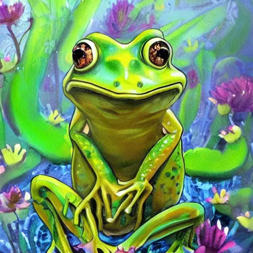 Prompt: a beautiful painting of singular frog frog dripping garden, trending on artstation