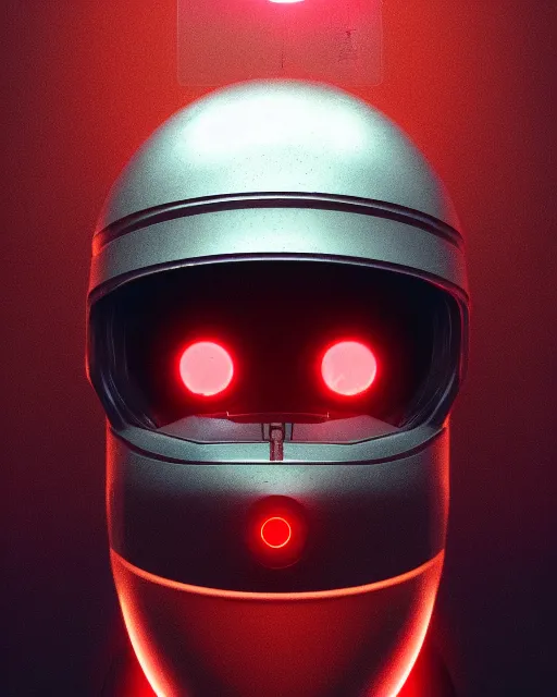 Image similar to portrait of sentient machine with oval helmet with a red chip on left side, by greg rutkowski, wlop, beeple, dan mumford, octane render, trending on artstation, symmetrical artwork. cinematic, key art, hyperrealism, high detail, 8 k