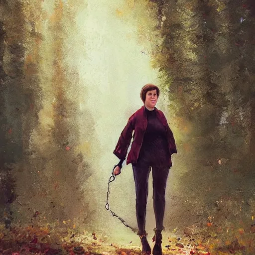 Image similar to supreme court justice elena kagan going for a walk in the woods, digital art by ruan jia and mandy jurgens and artgerm, highly detailed, trending on artstation, award winning