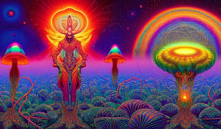 Image similar to an expansive octane redshift rendering of beautiful and complex interwoven spiritual connection between all beings by dan mumford, by jim fitzpatrick, by joe wilson, by jim burns, by victo ngai, by jacek yerka, surrounded with colorful magic mushrooms and rainbowcolored marihuana leaves, insanely integrate, featured on deviant art, trending on artstation