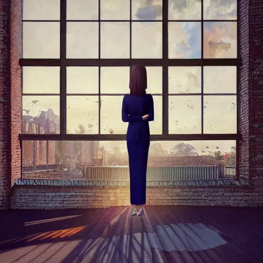 Prompt: giant daisy flower head, woman in suit, standing next to modern window in luxury loft, surreal photography, sunlight, impressionist painting, digital painting, artstation, simon stalenhag