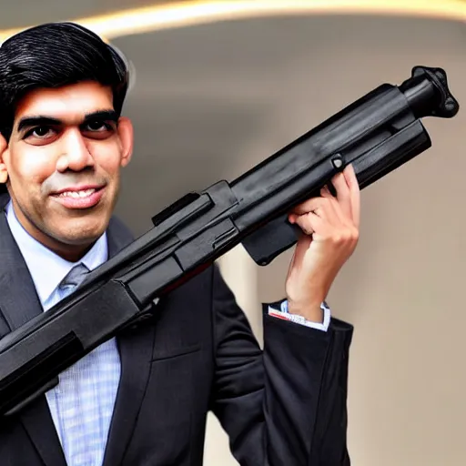 Image similar to Medium shot photograph of Rishi Sunak politician holding an AK-47, 8k, ultrahd