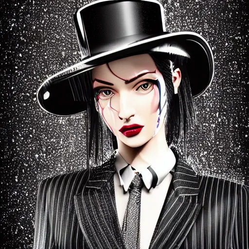 Image similar to stylish woman cartoon portrait made out of rain, pinstripe suit, top hat, cyberpunk background, rendered in octane, unreal engine, highly detailed, trending on artstation, realistic, neon, beautiful