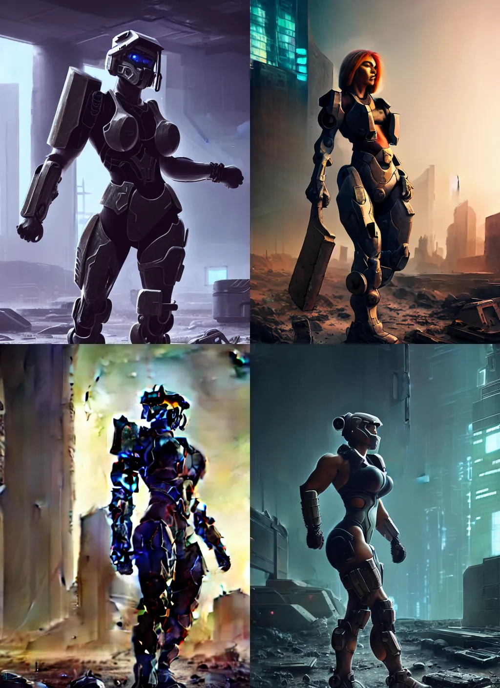 Prompt: a bulky female body builder warrior walking in a cyberpunk wasteland facing the camera, mjolnir armor from halo infinite without a helmet, female face features, 8K, octane render, Digital painting, concept art, illustration, sharp focus, centered, good value control, realistic shading, rational painting, rubber undersuit