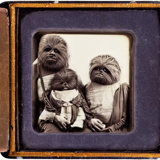 Prompt: daguerreotype of an ewok family