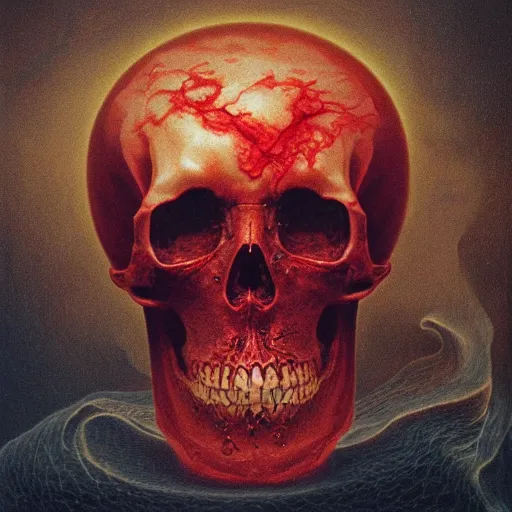 Image similar to turbulent red liquid inside in a transparent skull by agostino arrivabene