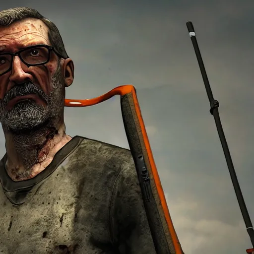 Image similar to a still of Gordon Freeman holding a crowbar in the Walking Dead, 4k, cinematic, hyperdetailed