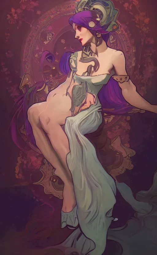 Image similar to Buxom Draenei in a dress, ambient lighting, 4k, alphonse mucha, lois van baarle, ilya kuvshinov, rossdraws, artstation