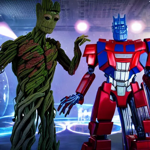 Image similar to groot and optimus prime dancing at techno party among people, wide shoot, octane render, ultra realistic