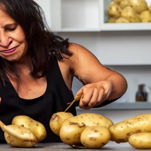 Prompt: a bored lady peeling a potato, emotional, 4k, award winning