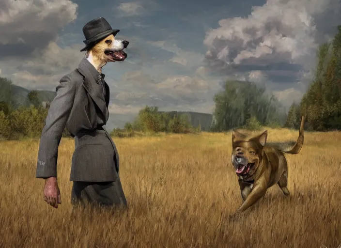 Image similar to landscape, a realistic portrait and realism, a humanoid mutant dog, walking in 1 9 3 0 s clothes, fine art, horror, sharp focus, ten flats, digital art, bright colors, trending on artstation, unreal engine.