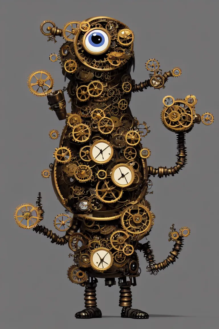 Prompt: a tiny cute STEAMPUNK monster with cogs and screws and big eyes smiling and waving, back view, isometric 3d, ultra hd, character design by Mark Ryden and Pixar and Hayao Miyazaki, unreal 5, DAZ, hyperrealistic, Cycles4D render, Arnold render, Blender Render, cosplay, RPG portrait, dynamic lighting, intricate detail, summer vibrancy, cinematic, centered, focused, sharp