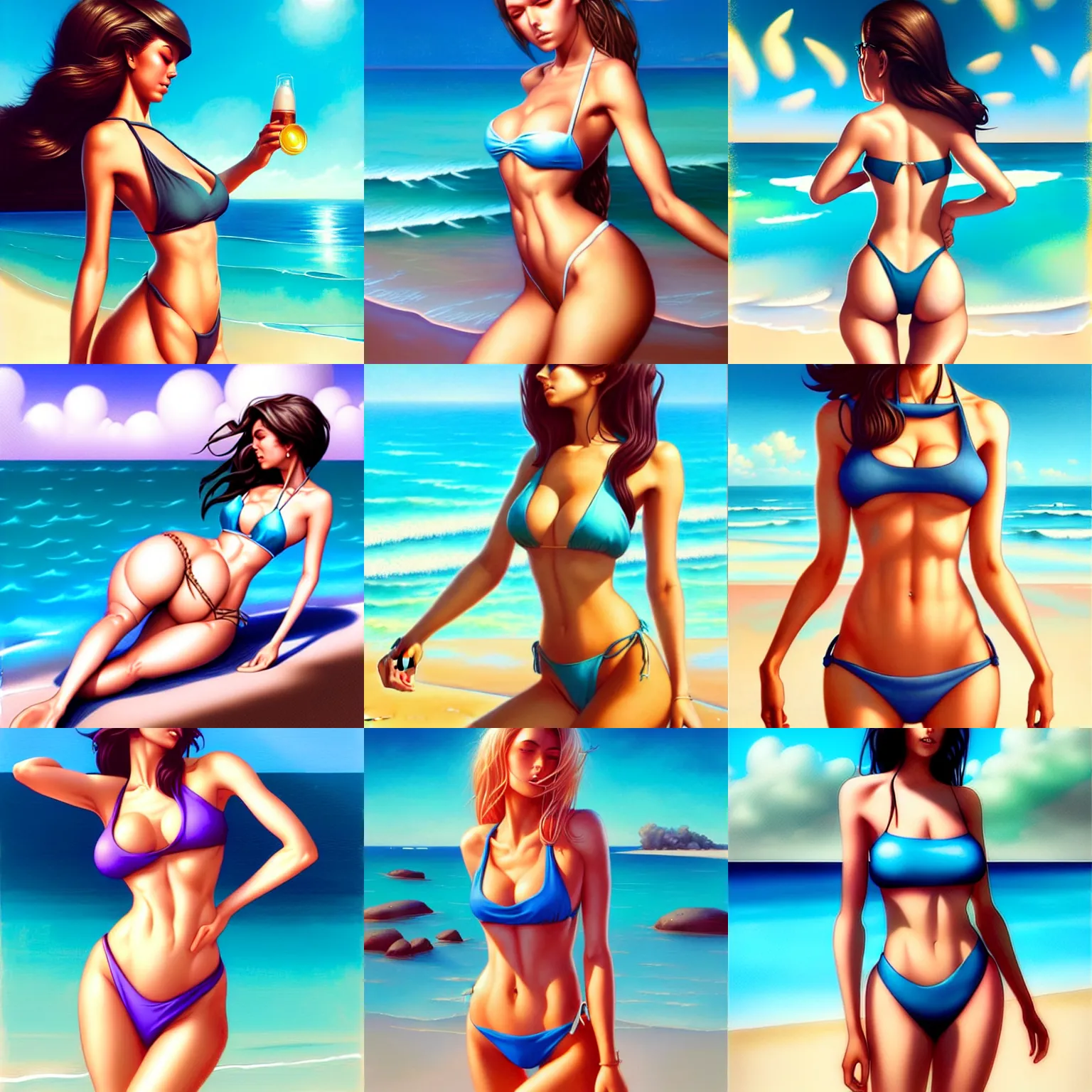 Prompt: a girl in a bikini, at the beach, Full-bofy plan, ultra detailed, by Artgerm and Peter Mohrbacher