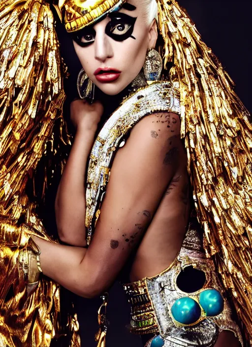 Prompt: lady gaga in an egyptian themed photoshoot, nick knight, annie leibovitz, posing, style, vogue magazine, highly realistic. high resolution. highly detailed. dramatic. 8 k. 4 k.