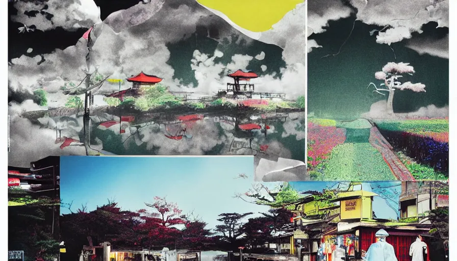 Image similar to Japan rural splendor touring travel c2050, surrealist psychedelic photo-collage painting spot illustration in the style of Newsweek magazine, +81 magazine, minimalist clinical white negative space, clinical muted deep neon color, spot color and metallic inks clean slick design