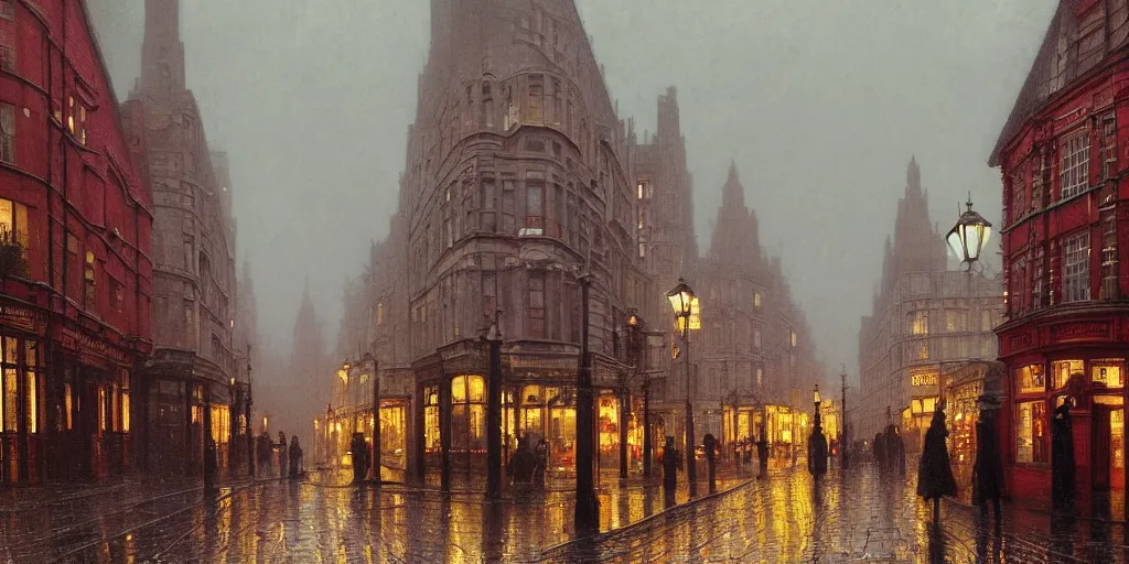 Image similar to Victorian city street with front view of shops on a rainy day in London, evening, low angle view, detailed matte painting, cinematic, John Atkinson Grimshaw, Artstation