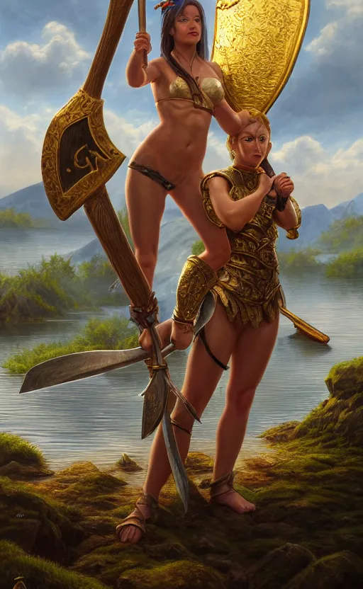 Image similar to lake godness holding gold axe and sliver axe, highly detailed, d & d, water everwhere fantasy, highly detailed, digital painting, trending on artstation, concept art, sharp focus, global illumination, ray tracing, illustration, art by artgerm and greg rutkowski and fuji choko and viktoria gavrilenko and hoang lap