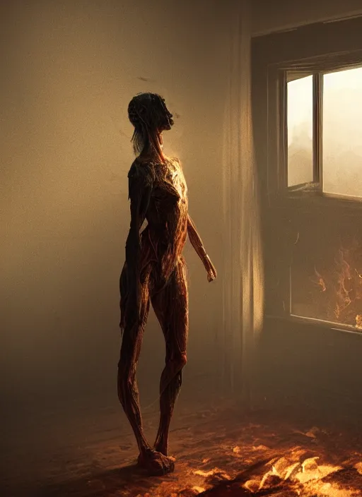 Prompt: rgb, woman, bedroom full of fire, rage, light flooding through the window, cinematic, movie scene, inspired by zdzislaw beksinski, clothes made out of veins,, cables everywhere, bedroom, ultra realistic, concept art, intricate details, highly detailed, photorealistic, octane render, 8 k