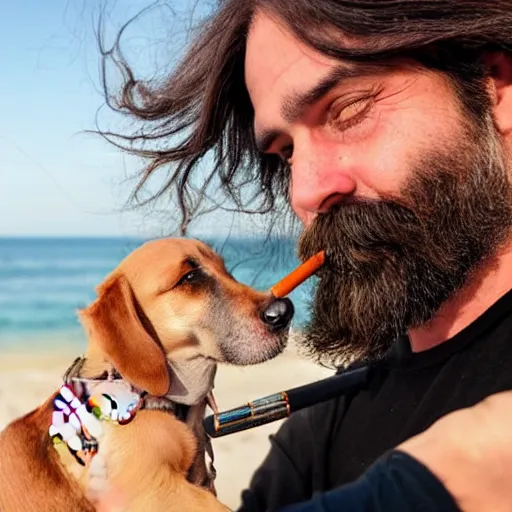 Prompt: bearded italian man with long hair smoking a cigarette on the beach, sitting next to his dog