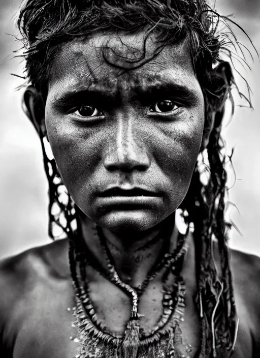 Image similar to Award winning Editorial photo of a Native Nauruans with incredible hair and beautiful hyper-detailed eyes wearing traditional garb by Lee Jeffries, 85mm ND 5, perfect lighting, gelatin silver process