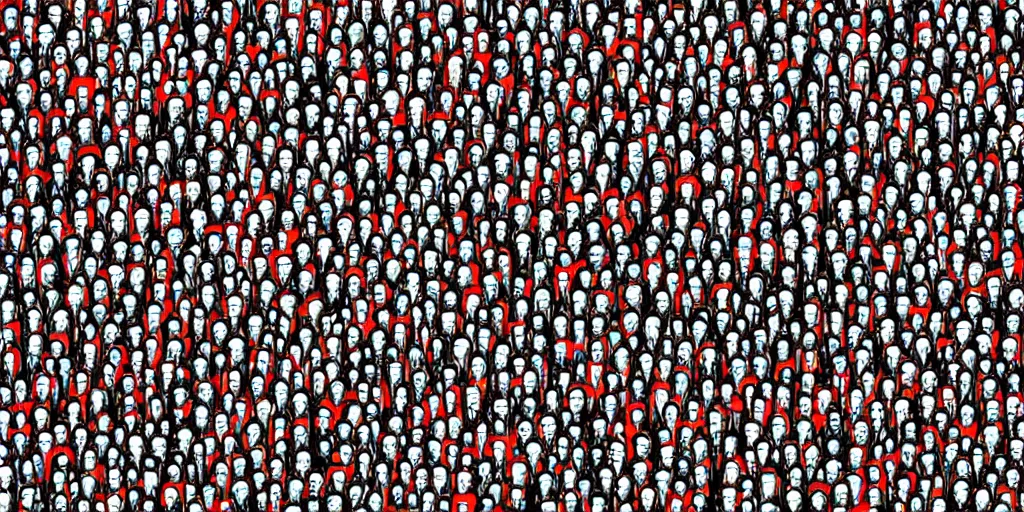 Prompt: where is waldo in a huge sci fi city millions of tiny humans and aliens