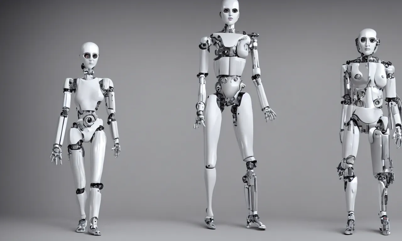 Image similar to full body photo of a woman with human face and robot body, robot body, steel body, human face, cyborg body