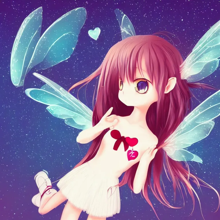 Image similar to cute, full body, female, anime style, a cat girl with fairy wings, large eyes, beautiful lighting, sharp focus, simple background, creative, heart effects, filters applied, illustration