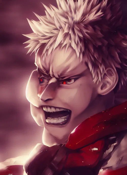 Image similar to Realistic Bakugou from my hero academia, hyper realism, dark atmosphere, cinematic shot, intricate, ornate, photorealistic, ultra detailed, realistic, 100mm, photography, octane, high definition, depth of field, bokeh, 8k, artstation