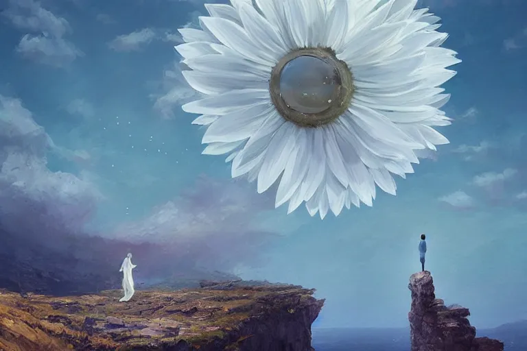 Prompt: huge white daisy flower blooming as a face, girl standing on cliff, surreal photography, solar eclipse, stars, dramatic light, impressionist painting, clouds, digital painting, artstation, james gilleard, liam wong, jeremy mann, simon stalenhag