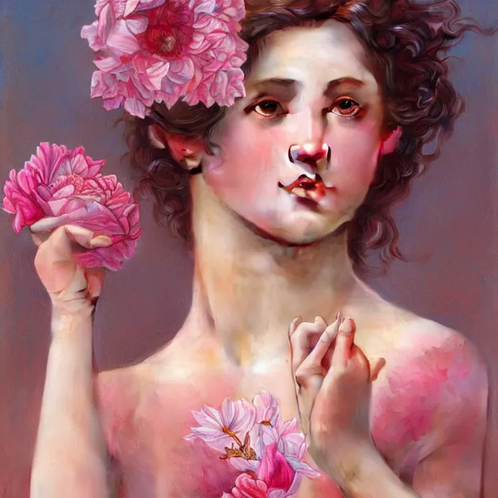 Prompt: a wonderful goddess with the skin made of pink petals, perfect hands, intricate, elegant, highly detailed, wonderful eyes, sweet, digital painting, artstation, concept art, smooth, sharp focus, illustration, art by artgerm and greg rutkowski and alphonse mucha and william - adolphe bouguereau