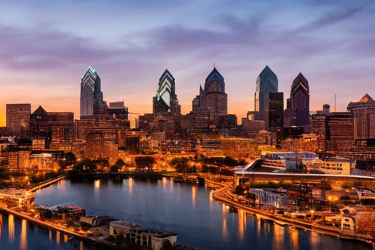 Prompt: the philadelphia skyline at dusk, dramatic, epic, cinematic