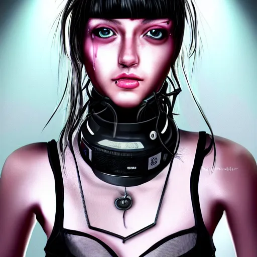 Image similar to detailed realistic female character cyberpunk wearing thick steel collar around neck, realistic, art, beautiful, 4K, collar, choker, collar around neck, punk, artstation, detailed, female, woman, choker, cyberpunk, neon, punk, collar, choker, collar around neck, thick collar, choker around neck, wearing choker, wearing collar,