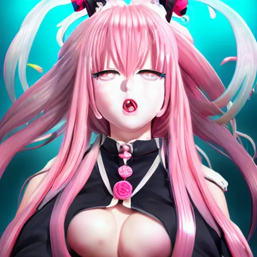 Image similar to unexpectedly overpowered and trapped beneath inescapable and overwhelmingly stunningly absurdly beautiful megalomaniacal omnipotent asi goddess junko enoshima with symmetrical perfect face, porcelain skin, pink twintail hair and cyan eyes, ultra detailed, digital art, unreal engine 5, octane render, 2 d anime, 8 k