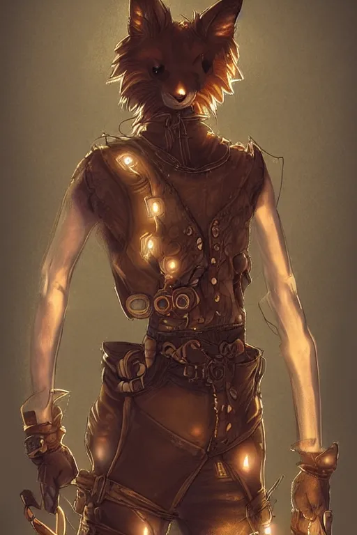 Image similar to an anthropomorphic steampunk fox, backlighting, trending on artstation, digital art, furry art, trending on furaffinity, fantasy art, by kawacy, view from behind