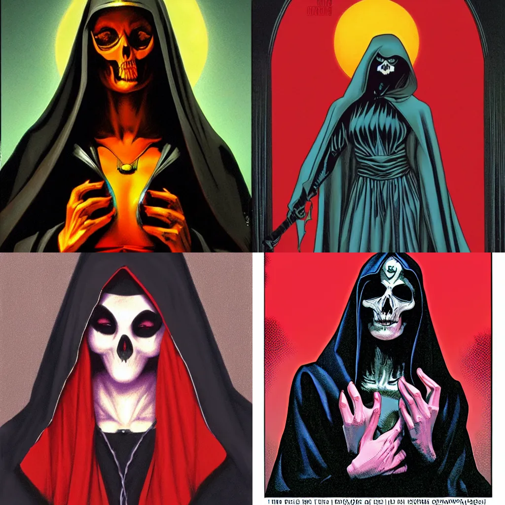 Prompt: the goddess of death wearing a black hood, in the style of Greg Hildebrandt