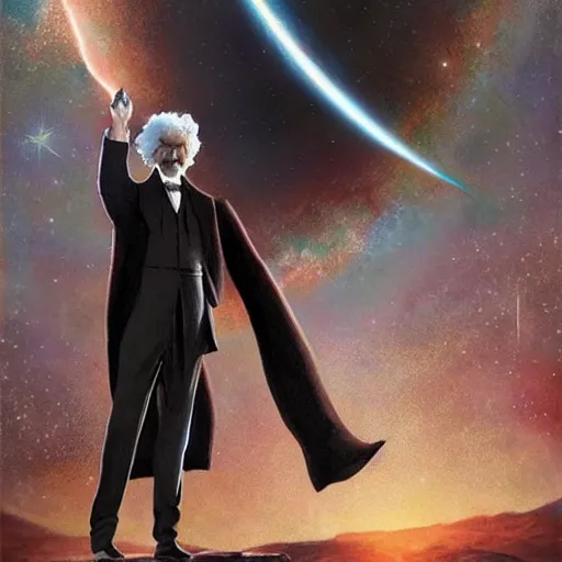 Image similar to mark twain stands at the edge of the universe, artgerm