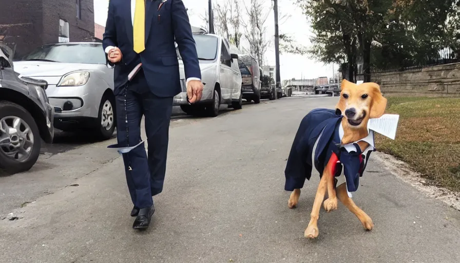 Prompt: a crazy dog in a suit going to work