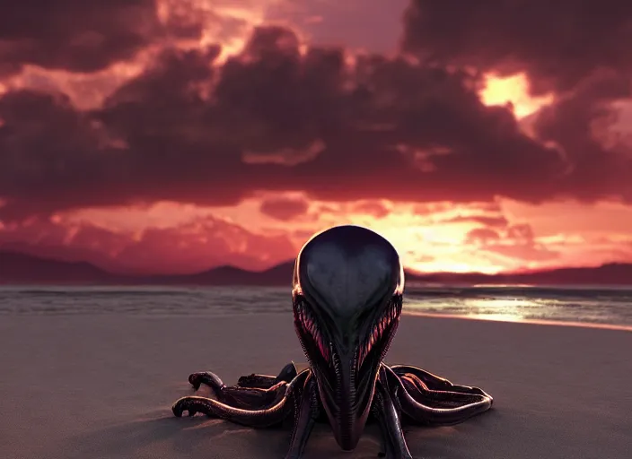 Image similar to symmetrical - face!!! a xenomorph alien relaxing on a beach in jamaica, cinematic lighting, sunset, 8 k - resolution!!, hyperrealism, national geographic, award winning, artstation, unreal engine 5, octane, redshift