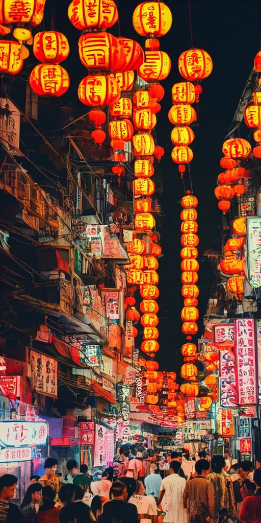Prompt: winding asian street under moonlight, neon signs, cars, people, chinese lanterns, Canon A1