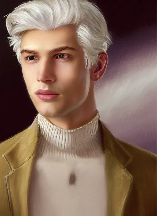 Prompt: close-up portrait of young dreaming pale man, with white hair shoulder length wavy hair, with pearl earing, in the museum, in white turtleneck shirt, painting in the museum, highly detailed, sharp focus, digital painting, artwork by Kinkade, by Victor Adame Minguez by Tom Lovell by Leyendecker by Sandro Botticelli