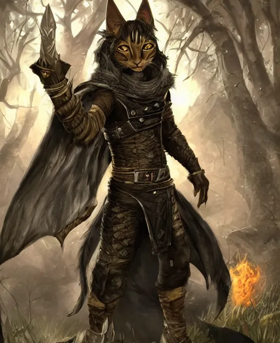Image similar to humanoid male khajiit rogue with a scar on left eye, wearing leather armor with a hood, mainecoon cat features with jet black fur, far - mid shot, magic the gathering, fantasy