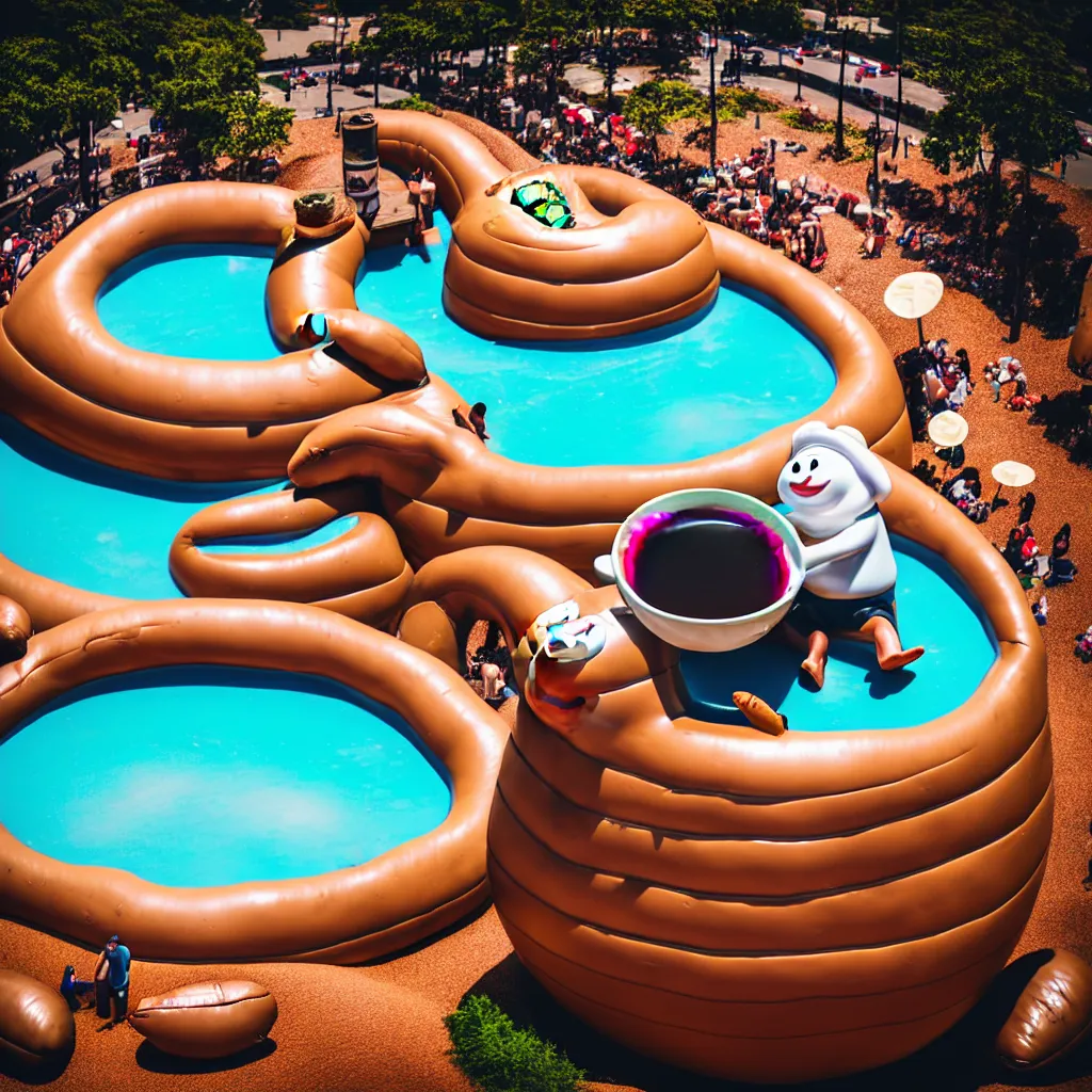 Prompt: tilt - shift view of a coffee - bean character drinking coffee while sitting on a coffee - bean shaped float in a giant coffee - cup shaped pool of coffee with steam rising up into the air