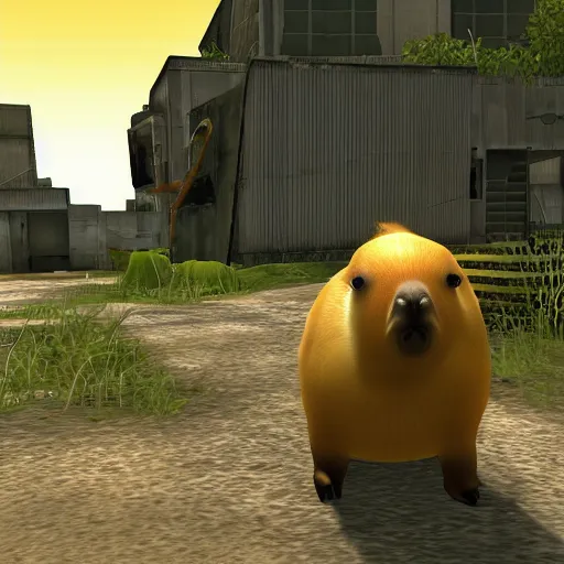 Prompt: capybara with a banana on its head . screenshot from half-life game