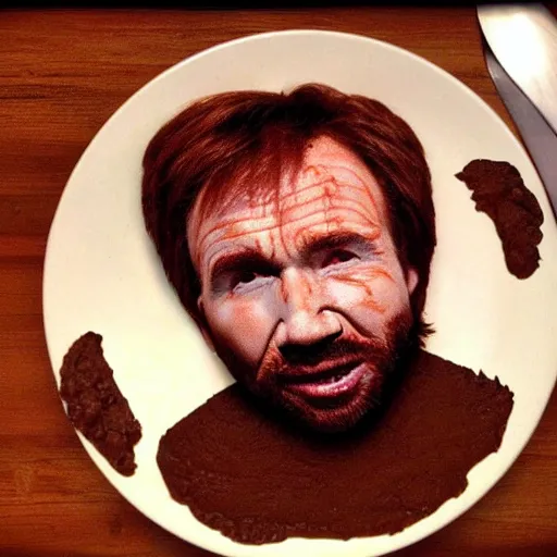 Prompt: chuck roast norris, food photo of chuck norris face in chuck roast