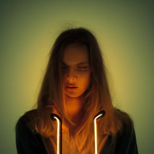 Prompt: realistic fantasy portrait of sad girl in neon light, fog around