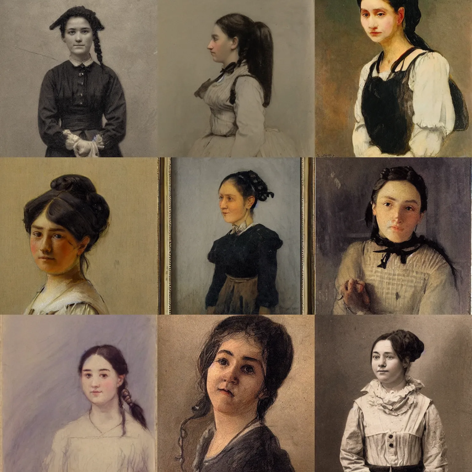 Prompt: a sadly smiling black haired, young hungarian village (((maid))) from the 19th century who looks very similar to Lee Young Ae with a two french braids, detailed, sketch by Rembrandt, Csók István, Cecilia Beaux and da Vinci