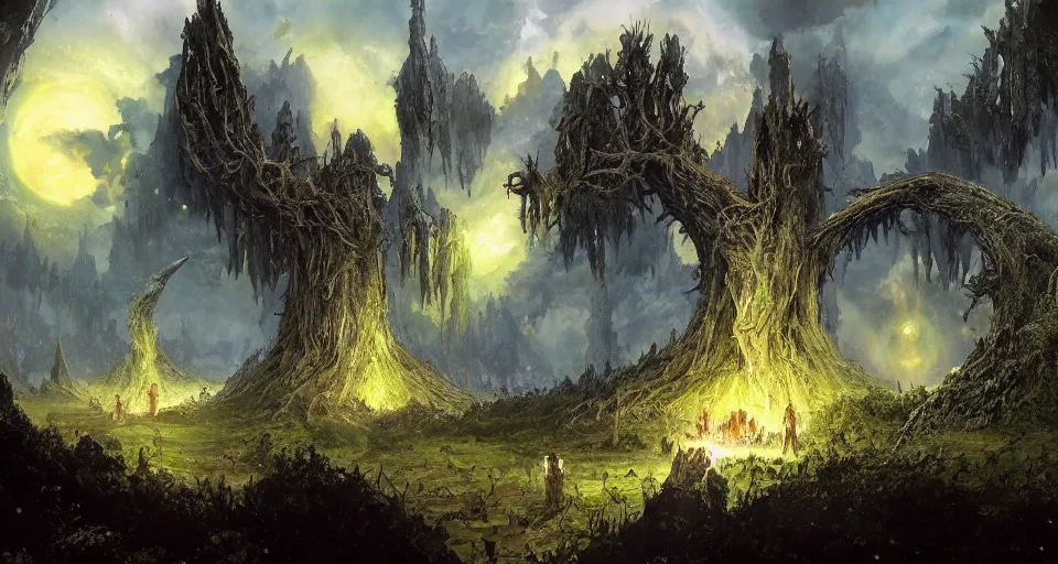 Image similar to concept art of the supernal realm of'arcadia, the fey realm'from the modern supernatural arcane magical thriller tabletop rpg'mage : the awakening ', by david mattingly and samuel araya and michael whelan and michael william kaluta and francisco goya. realistic 8 k matte painting with photorealistic hd lighting.
