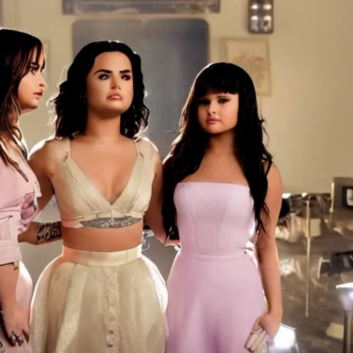 Image similar to Demi Lovato and Selena Gomez and Ariana Grande in a Charmed movie directed by Christopher Nolan, movie still frame, promotional image, imax 35 mm footage