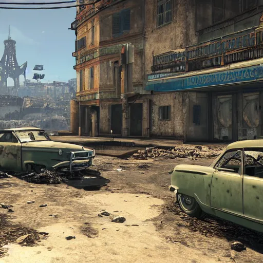 Image similar to the french riviera at lyon in ruins post - nuclear war in fallout 4, in game screenshot