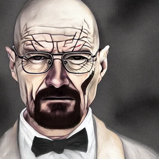 Image similar to walter white as a vampire, detailed digital art, painted by WLOP